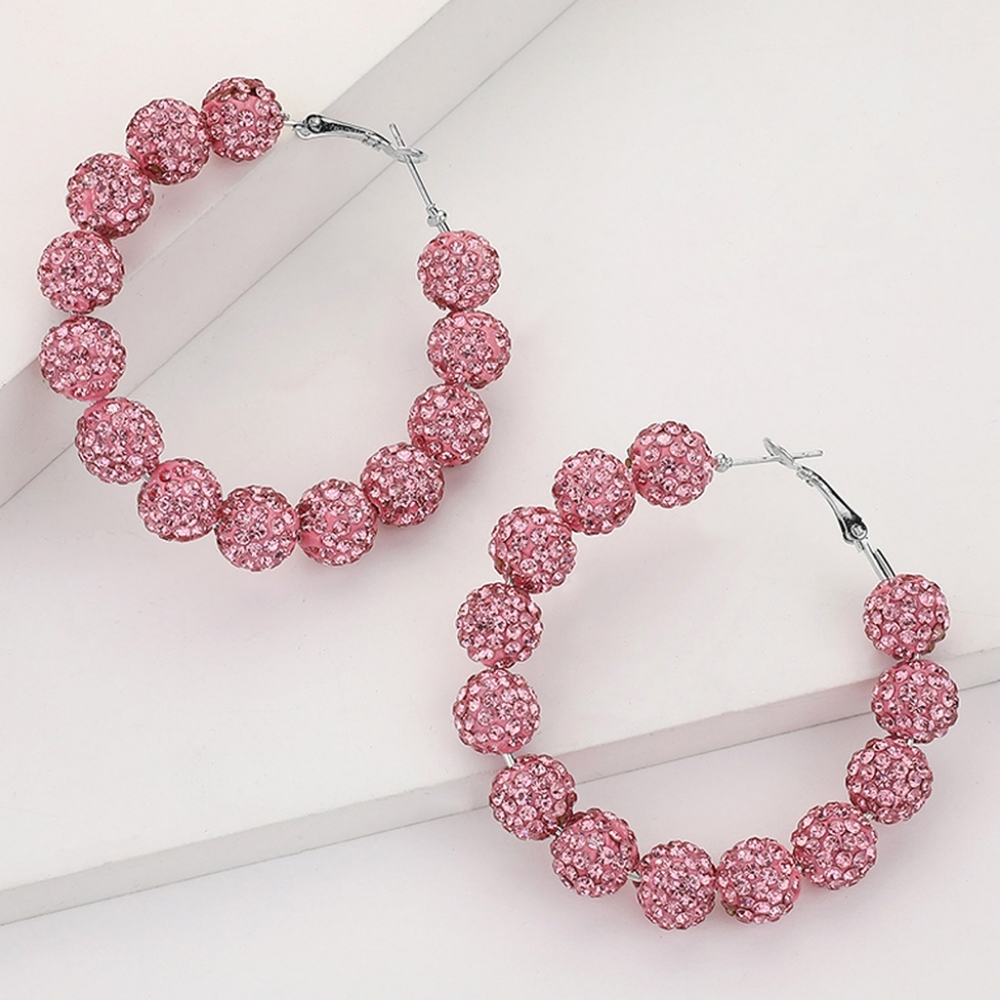 Pink Shamballa 2.3" Disco Beads Hoop Earrings Cute Fashion Statement Jewelry
